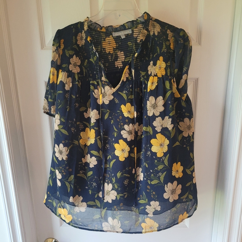 Daniel Rainn Navy and Yellow Floral Blouse